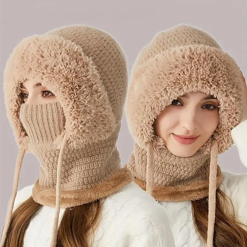 Women’s 3-in-1 Winter Plush Hat Warm Cozy Fuzzy Soft Beanie for Cold Weather, Windproof Lightweight for Daily Shopping Travel Outdoor, Cute Gift for Her Ladies Teens