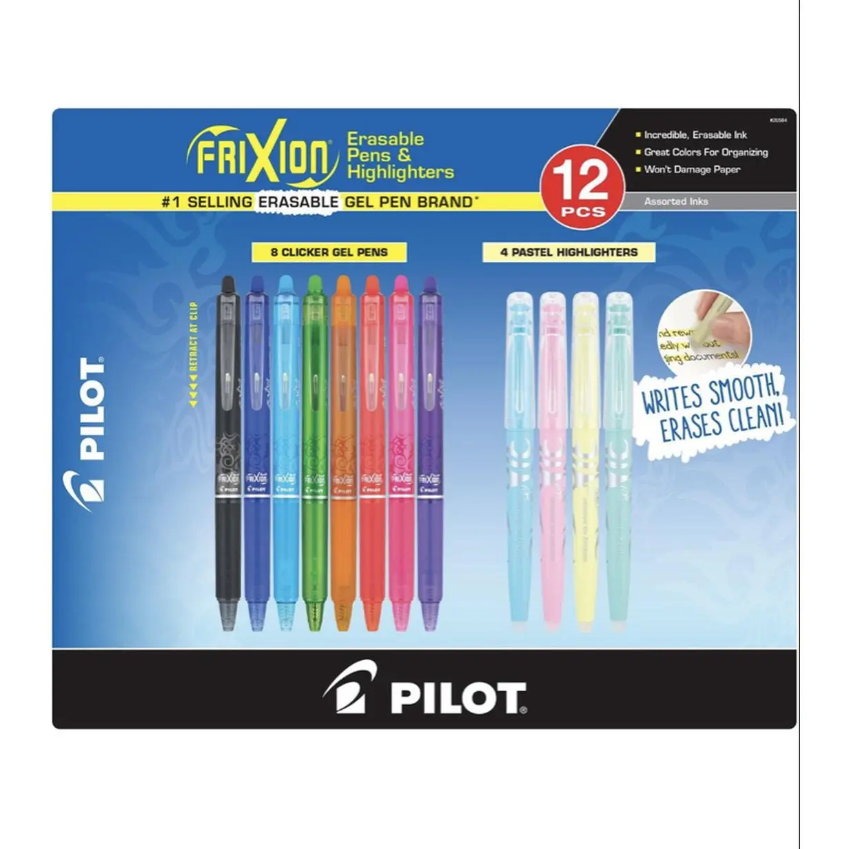 Pilot Frixion Erasable Gel Pens & Highlighters 12-Pcs Assorted Colors Clicker Gel Pens & Pastel Highlighters