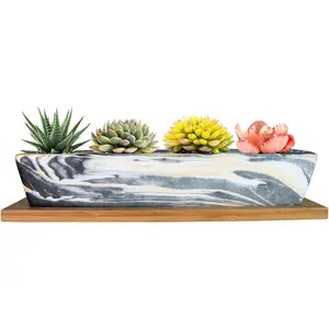 Succulent Pots, 9.8 Inch Ceramic Succulent Planters with Drainage Small Bonsai Pot with Bamboo Tray, Mini Cactus Flower Planter Pot Shallow Rectangular Window Planters for Indoor Plants