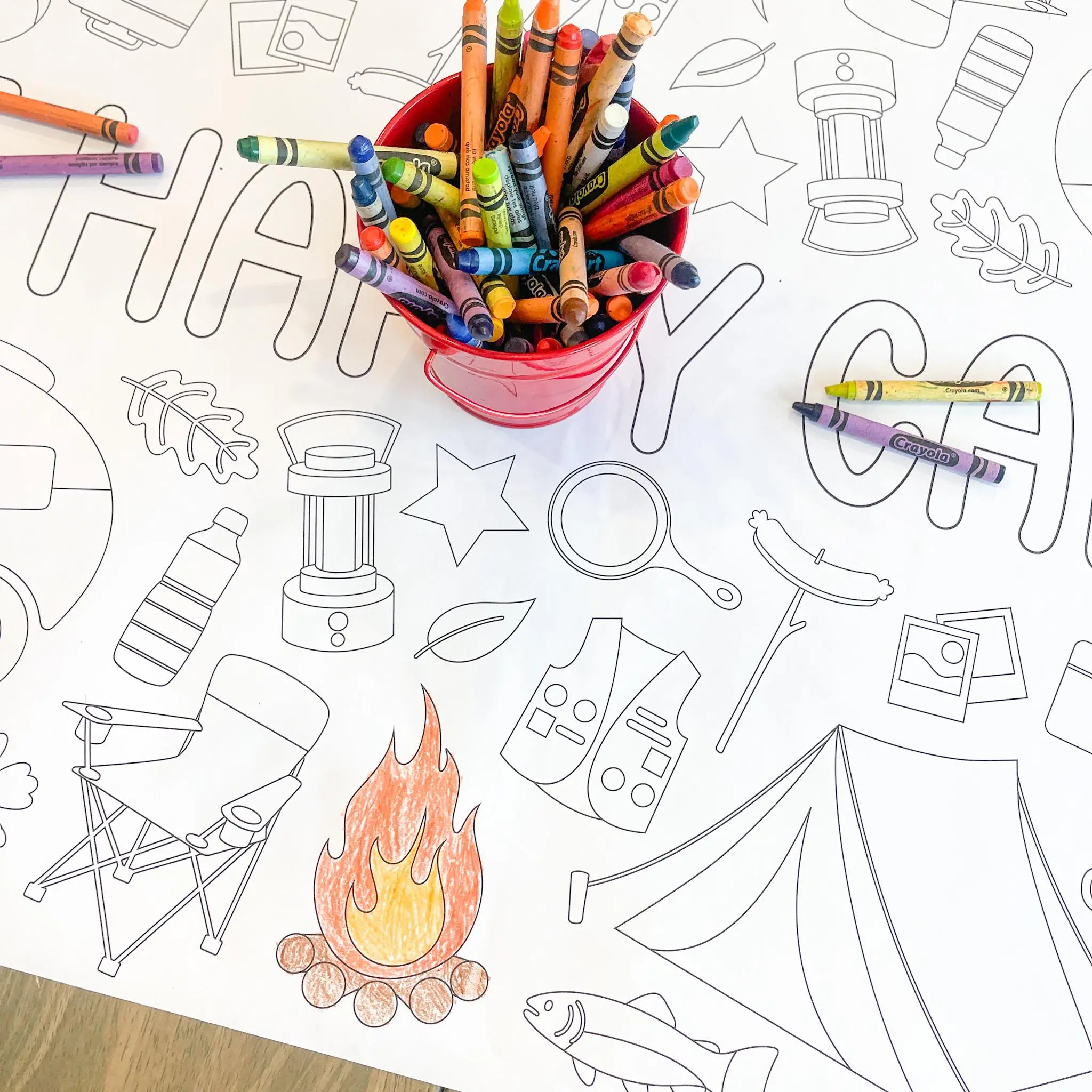 Camping Coloring Table Runner, One Happy Camper Themed Birthday, Coloring Page, Giant Coloring Poster, Coloring Sheet, Camping Table Runner