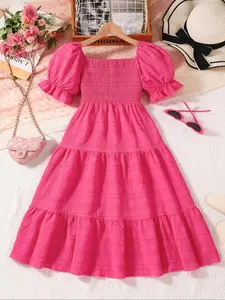 Girl's Solid Frill Trim Flounce  Sleeve Dress, Casual Short Sleeve Square Neck Dress for Summer, Kids Clothes for Daily Wear, Children