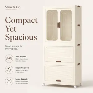 Home sturdy storage box Storage Organization Portable Wardrobe Closet for family– Magnetic Doors, 4 Cubes & Hanging Rod, Foldable  Storage Cabinet, space-saving . Heavy Duty PP Plastic . White Clothes Dresser for Bedroom & Small Spaces heavy-duty