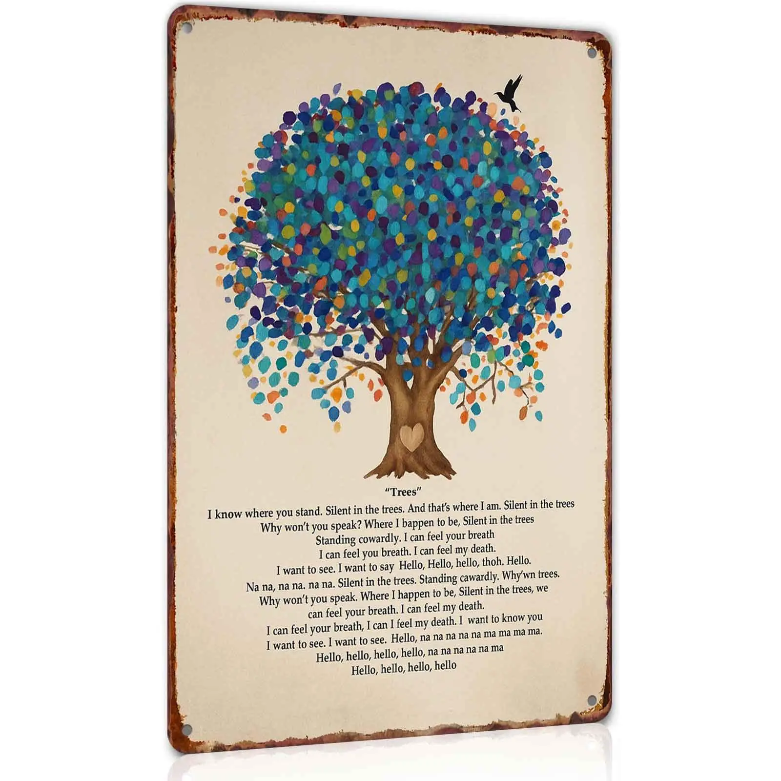 Trees “Hello Hello Hello Hello” Metal Sign Wall Decor, 8 x 12 inches – Inspirational Tin Plaque for Home, Office, and Bedroom; Great as a Gift