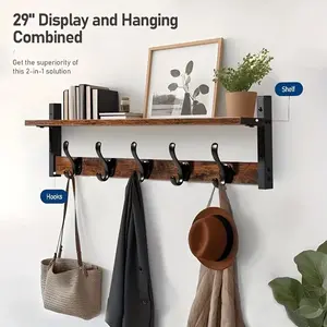 Wall-Mounted Vintage Hat Rack with Hooks, Real Wood Floating Shelf, Perfect for Entryway Key Holder, Bathroom Towel Storage, Kitchen Organization