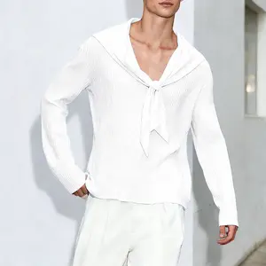 INCERUN Spring Summer Men's Preppy Sailor Collar Shirt Light Academia Tie Neck Top