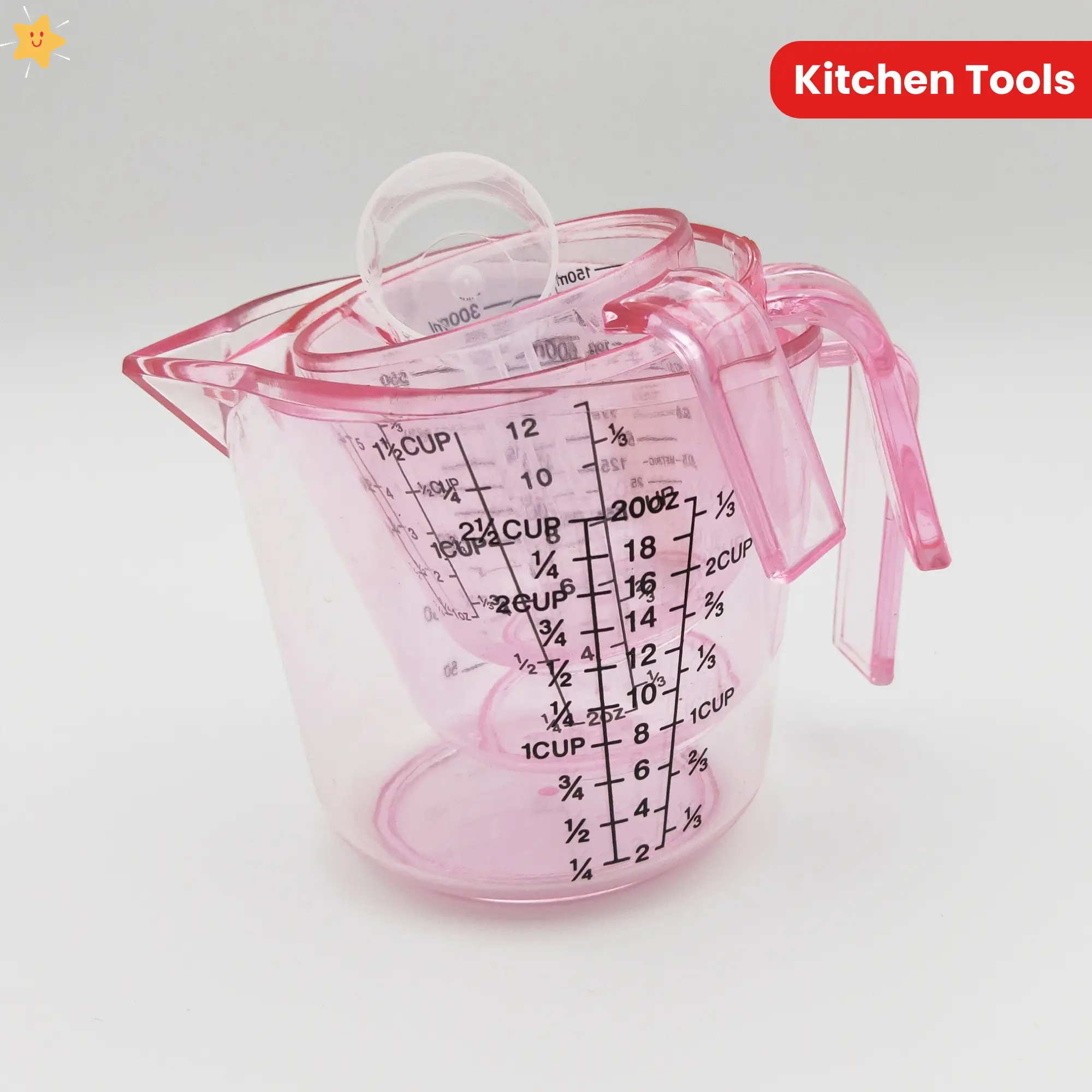 [Pink Baking Measuring Cup Set] 4pcs Including 6oz, 12oz, and 20oz Cups with 20ml Transparent Spoons| Made of PS Material, Food-safe| Marked with ML/OZ/CUP for Kitchen Use