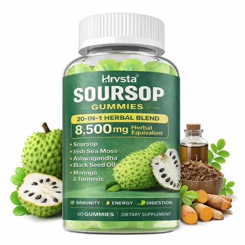 Hrvsta Soursop-Flavored Botanical Detox Gummy Supplements, 20-in-1 Natural Herbal Blend with Moringa-Turmeric, Seaweed, Black Cumin Seed Oil, Oregano, Ashwagandha, Gut & Liver Support, Easy to Take, Vegan Non-GMO, 60 Count Bottle