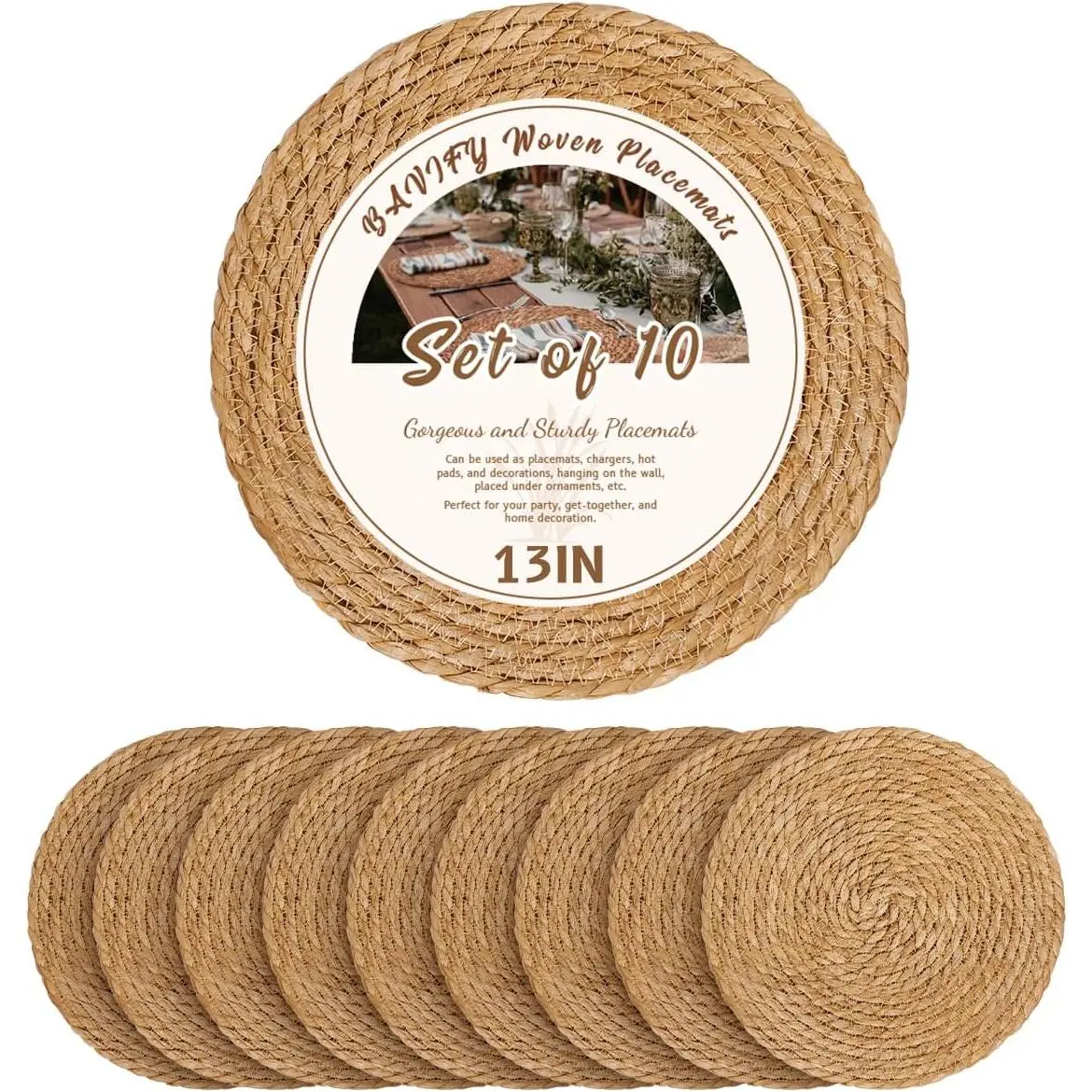 13 In Round Woven Plate Chargers Set of 10, Natural Boho Farmhouse Rustic Rattan Wicker Jute Braided Placemats, No Faux Materials, Indoor Dining Table Decor for Dinner Plates, Party