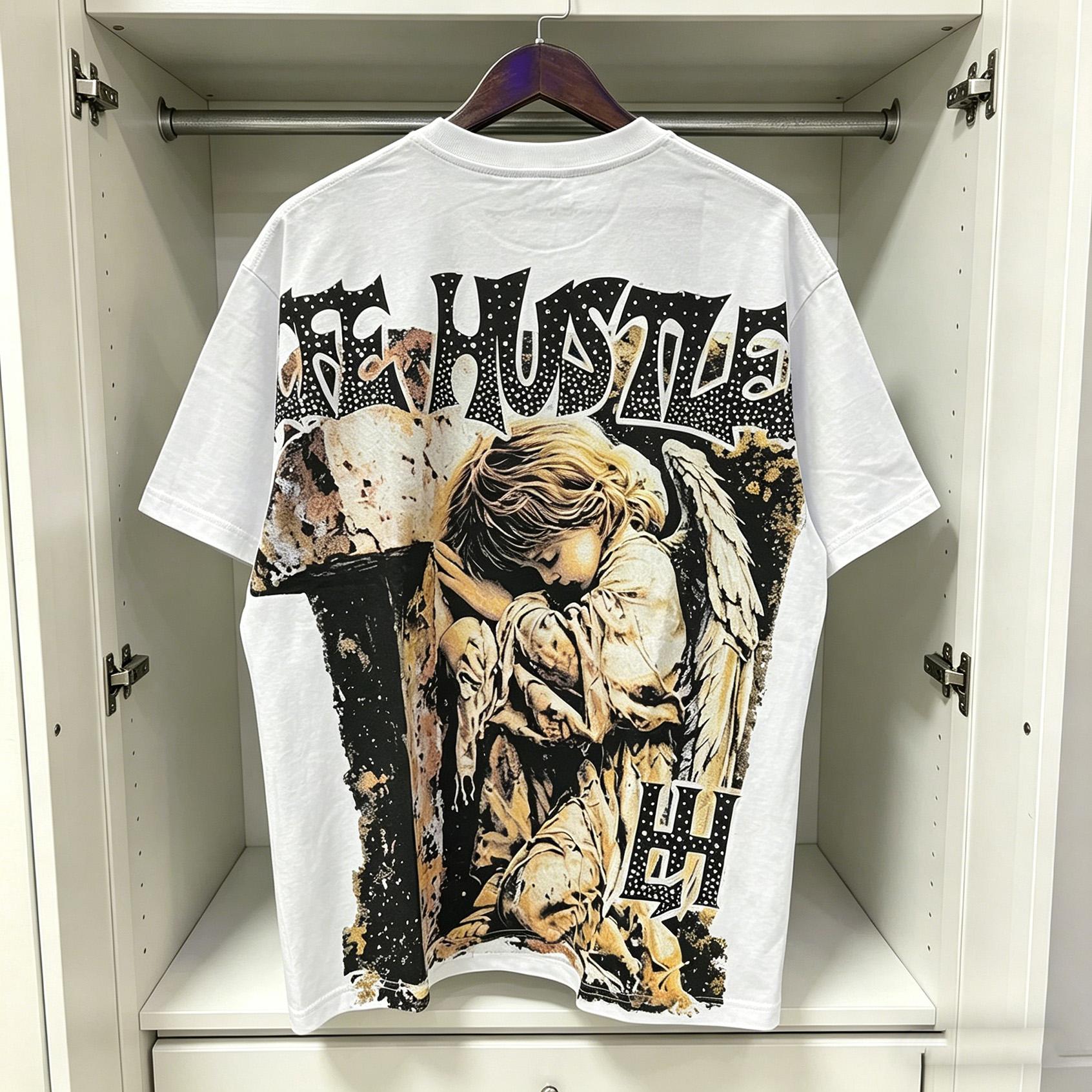 Praying Angel Shining Diamond Cotton T Shirt Oversized Graphic Tee Crew Neck Loose Fit Streetwear Summer Outfit Unisex Top TikTok Viral Trend Y2K Hip Hop Urban Casual High Street Fashion Tee