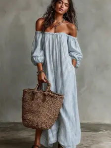 Women's Vintage Striped Long Dress, Loose-Fit Bubble Sleeve Off-The-Shoulder Dress, Beach Vacation Style Summer Wear
