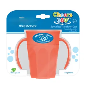 Milestones Cheers 360 Cup Spoutless Transition With Handles For Easy Grip & Leak-free Learning  Coral 7oz/200ml 6m+