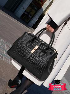 women's fashionable crocodile embossed handbag, large capacity crossbody bag for daily used, casual trendy versatile high-quality daily commuting bag unique everyday designer bags, leather satchel, casual trendy purses