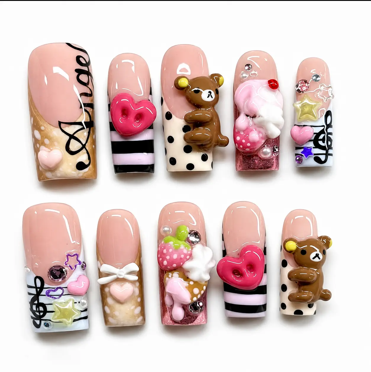 Handmade 3D Cute Bear Press-On Nails, Strawberry Cream Dessert Design, Heart Candy, Reusable Press On Nails,Press Ons Nail, Removable False Nails Nail Decoration Glue On Nails