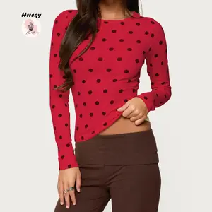 Hrreqy Women's Red Polka Dot Sheer Mesh T-Shirt Round Neck Fitted Streetwear Top Casual Fashion Long Sleeve Blouses with Button Up for Daily Wear and Parties