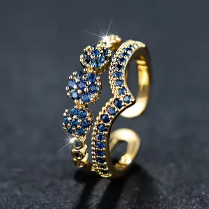 Women's Gold-Plated V-Shaped Crown Ring - Adjustable Open Band, Blue Sapphire Crystal Pave, 3D Stacked Flower Chevron Arch Design, Wedding Gift Costume Jewelry