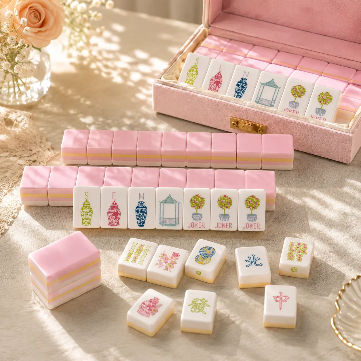 American Mahjong Set with 160 Soft Soothing Color Acrylic Tiles, Lightweight & Portable Stress-Relief Board Game for Adult Friend Gatherings & Family Game Nights