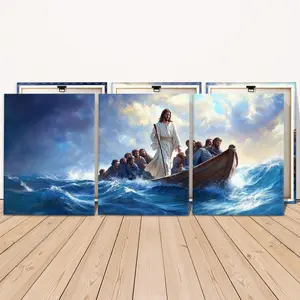 Wooden Framed Canvas Painting, 3 Counts/set Jesus Leading The Boat Across The Sea Pattern Wall Art, Wall Decor for Home Living Room Bedroom Office, Ornaments