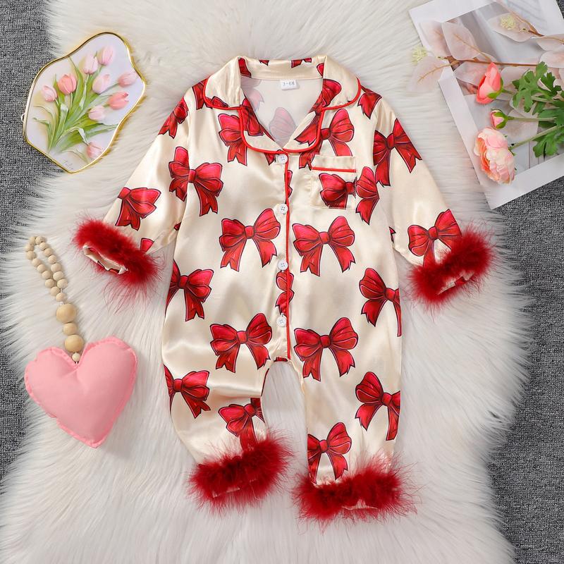 Baby Girls Pajamas, Long Sleeve Bow Print Furry Patchwork Button Closure Jumpsuit Sleepwear Loungewear Baby Girls Pajamas, Long Sleeve Bow Print Furry Patchwork Button Closure Jumpsuit Sleepwear Loungewear