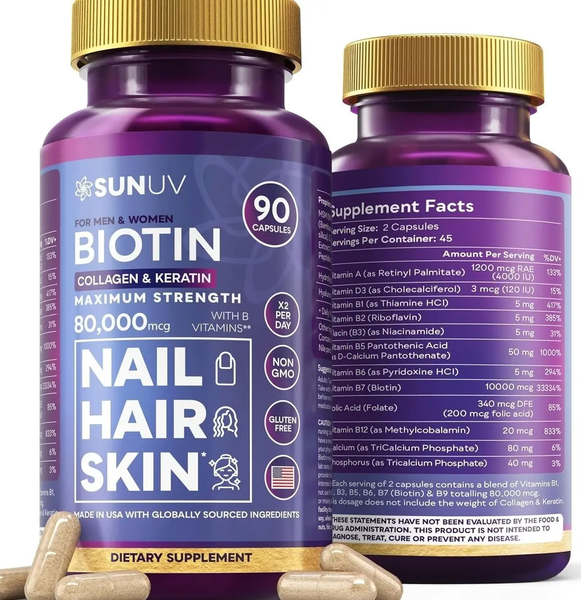 SUNUV Biotin 10,000mcg | Collagen | Keratin - 80,000mcg Hair Growth Vitamins for Women & Men,Skin & Nails Support - Hyaluronic Acid & Vitamins B1,B2,B3,B5,B6,B9,B12 -Made in USA-90 Capsules