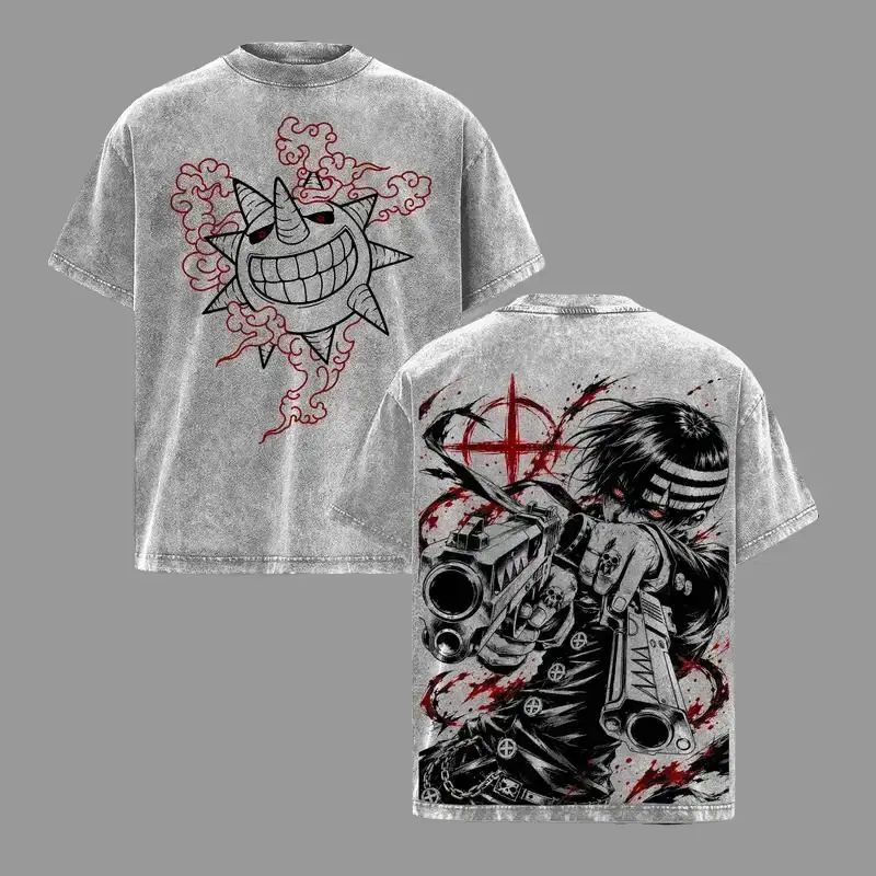 Men's Soul Eater T-Shirt, Vintage Washed Death The Kid Graphic Tee in 230gsm Heavyweight Cotton, Relaxed Fit Gothic Streetwear with Seamless Neck, Casual Street Style