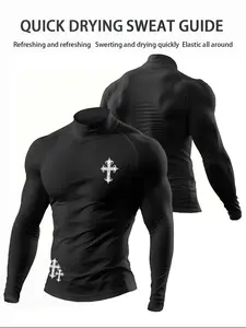 Men's Compression Turtleneck Long Sleeve Shirt, Quick Dry Athletic Gym Top, Cross Graphic Elastic Workout Fitness Shirt, Athletic Compression Shirts