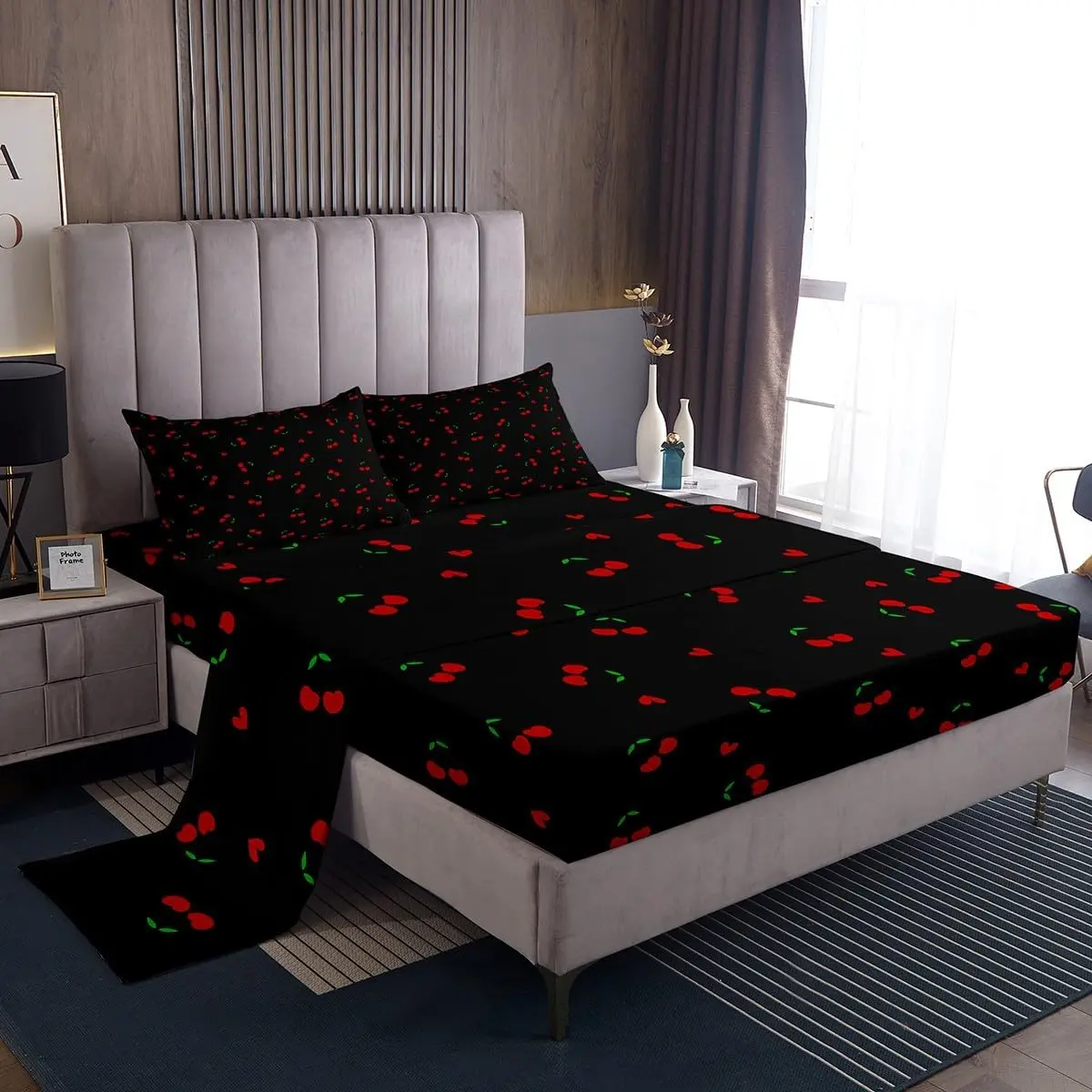 Feelyou Cute Cherry Printed Durable Bedding Set - Bedsheet Sets with Microfiber Sheets, Soft Breathable Deep-Pocket Fitted Sheet for Teens