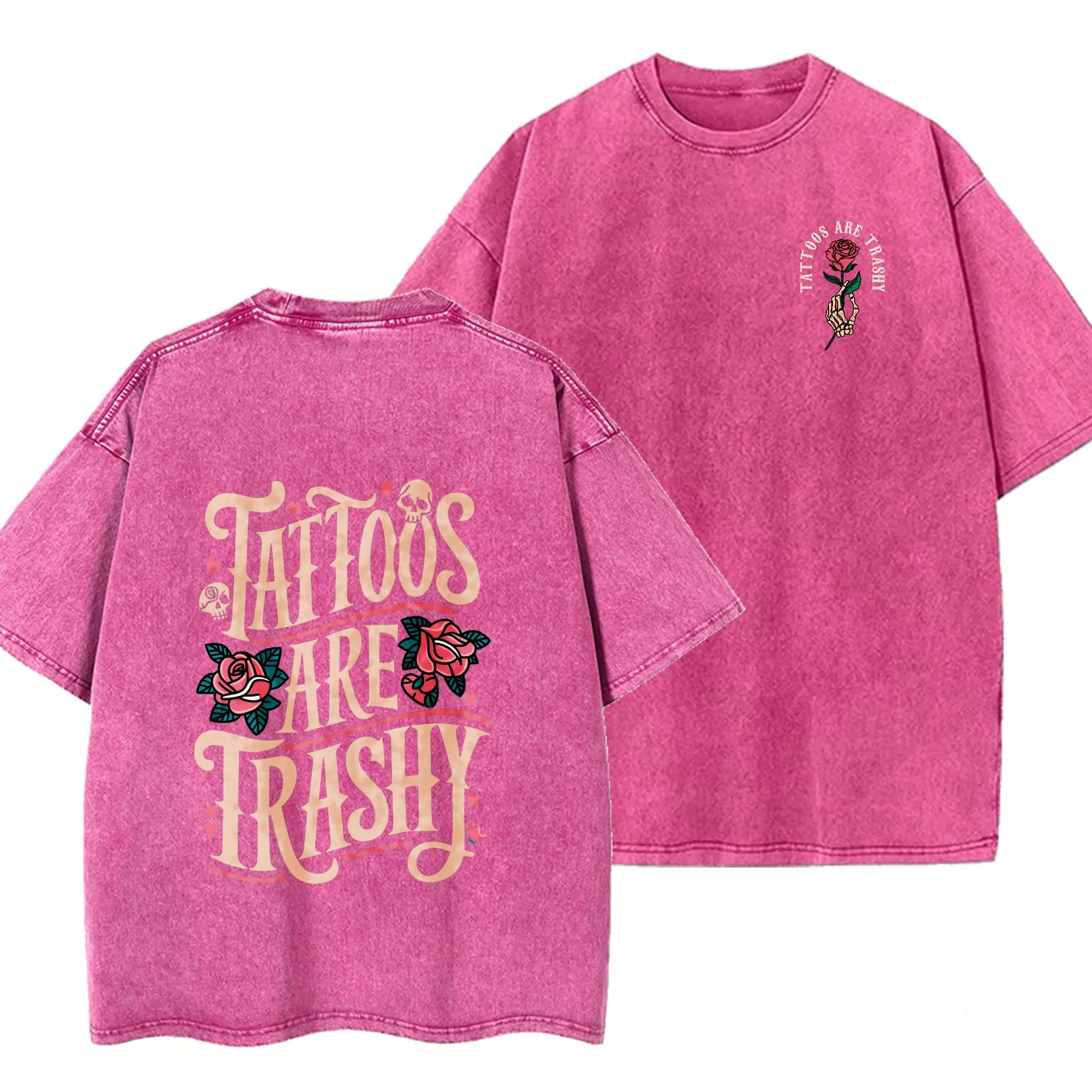 Washed T-Shirt Loose Casual Vintage Men'S T-Shirt Double-Sided Printing Tattoos Are Trashy Pattern Old T-Shirt, Suitable For Gift, Daily Casual And Street Streetwear Crewneck
