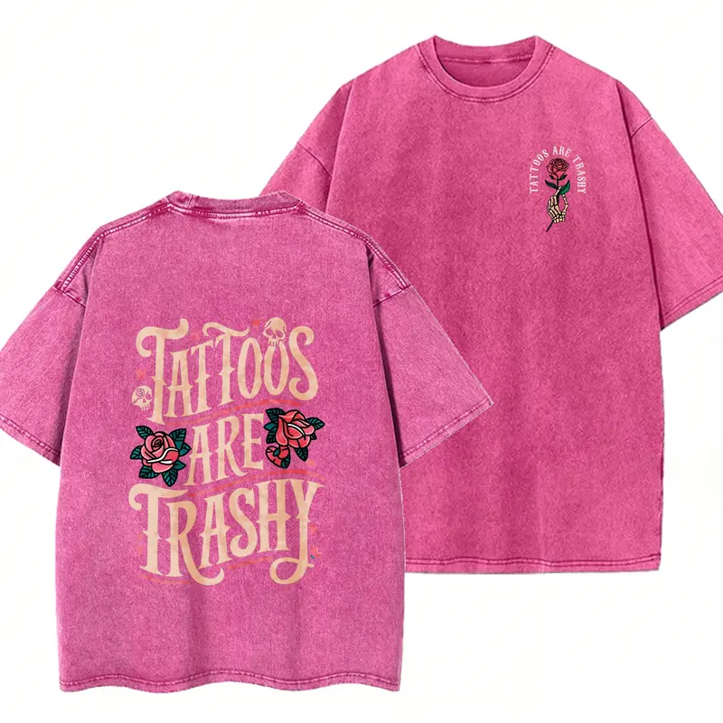 Washed T-Shirt Loose Casual Vintage Men'S T-Shirt Double-Sided Printing Tattoos Are Trashy Pattern Old T-Shirt, Suitable For Gift, Daily Casual And Street Streetwear Crewneck