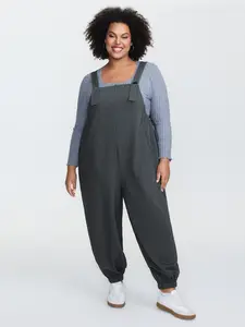 BLOOMCHIC Plus Size Stretchy Solid Cotton-Polyester Overall Jumpsuit - Adjustable Drawstring, Long/Short Sleeve, Pocket Design, Basic Fit Garment for Ladies - [M-6X]2026 Summer Vibes