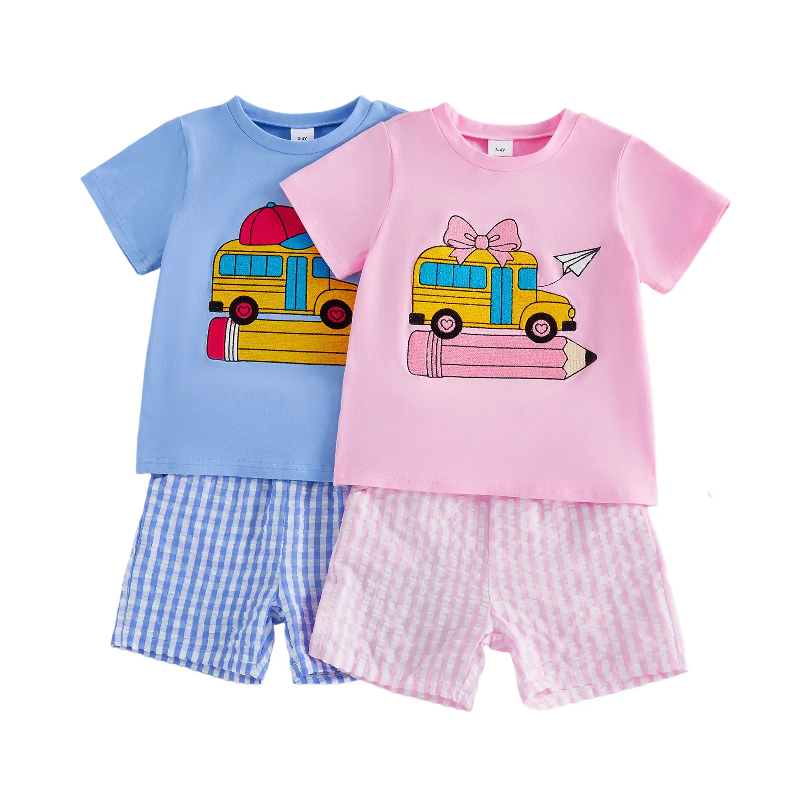 Toddler Baby Little Boy Girl Back to School Outfits Bus Pencil Print Short Sleeve T-Shirt and Plaid Shorts Set Cute Clothes 3-8 Years