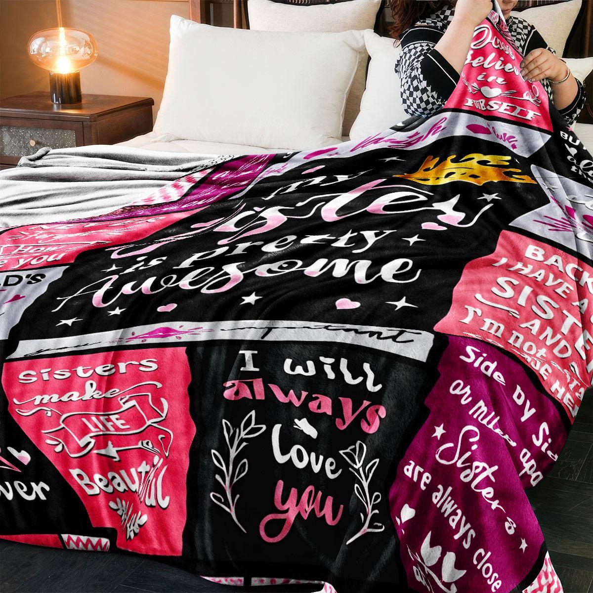 1 PC Sisters Friendship Flannel Throw Blanket, Colorful Patchwork Design, Heartwarming Quotes, Perfect for Bedroom & Sofa, Cozy Atmosphere