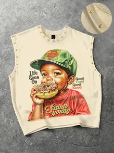Retro donut fun cartoon boy print sleeveless short vest trendy Fashion street punk heavy metal rivet loose vest men's top European and American street beat Y2K vest women's daily versatile unisex sleeveless t-shirt vest 2026