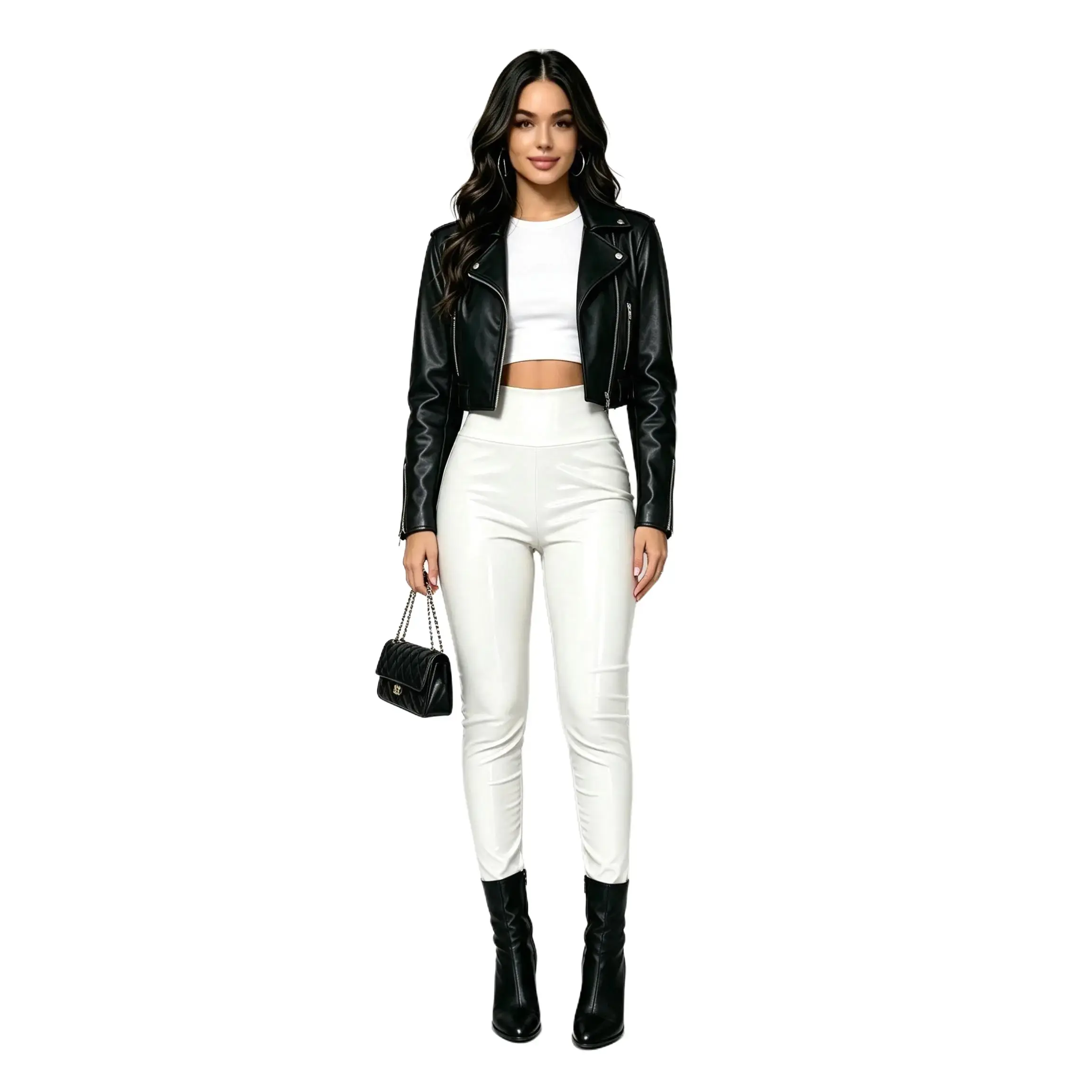 Shiny White High Rise Faux Leather Pants for Women Non-Sheer Curve Fit Stretch Trousers Rooftop Party Concert Streetwear Bottoms