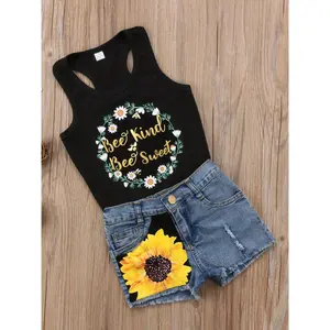 Set of 2 Outfits for Baby Girls Featuring a Sleeveless Halter Top with Letter Print And Denim Shorts Adorned with Sunflowers, for Outdoor