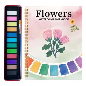 2026 New Watercolor Painting Practice Book, Beginner Watercolor Set - 12-color pigment set paired with brushes - highly suitable as a gift for teenagers and adults to stimulate their creativity and joy (Pink Flowers)