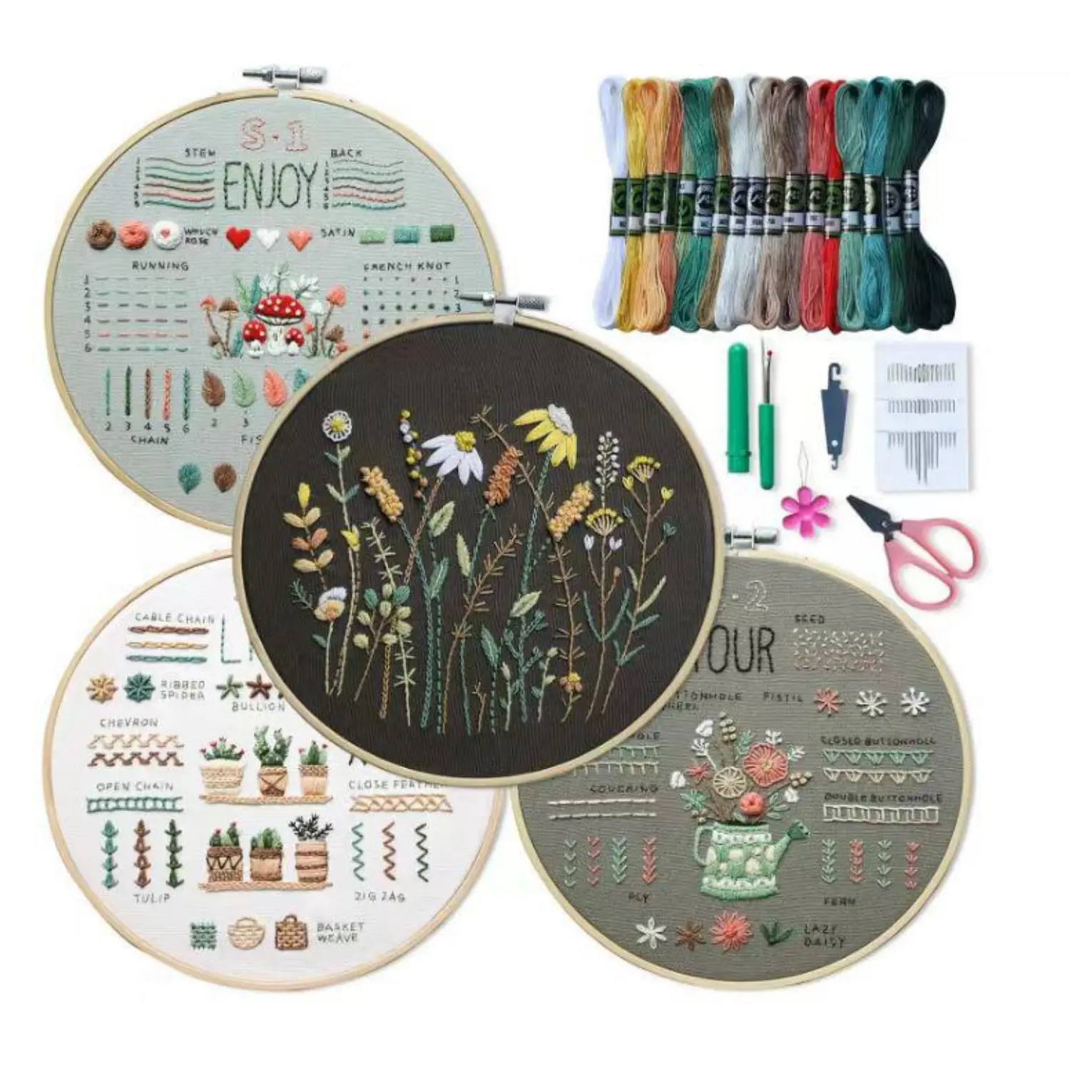 4Pcs Embroidery Kit for Beginners, 4 Floral Patterns, Learn 33 Stitches ...