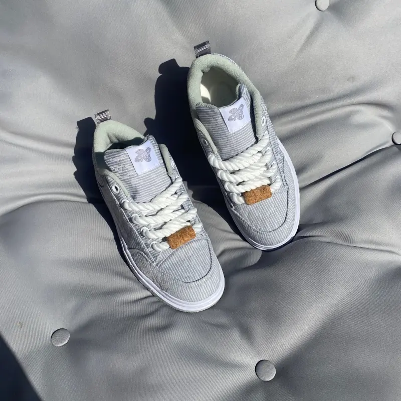 Women's Sporty Chic Casual Canvas Trainers - Unisex Low Top Sneakers with Preppy Plaid, Houndstooth, Japanese Sweet Retro Stripes, Thick Sole, Chunky Rope Laces, Wide Fit for Walking & Skating, 23 Vibe, All Seasons, Heel Pull Tab, Wooden Tag, Rubber Sole,
