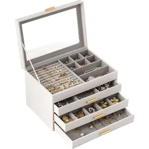 Jewelry Box Organizer with Clear Lid, Large Jewelry Storage Unit, with Drawer, Modern Style, Perfect Women's Gift for Home Decor, Jewelry Organizer Armoire, Durable PU Leather Material Jewelry Organizer
