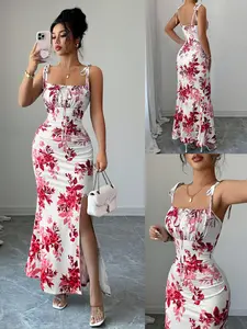 New Women's Fine Strap Sleeveless Bow Waist Ruched Hem Slit Design Print Dress, Elegant Party Casual Daily Wear, Tall Slimming Stylish Dress