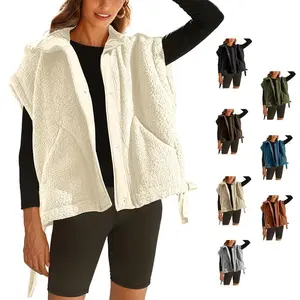 Women’s fuzzy Sherpa vest, oversized casual sleeveless furry wool vest, winter warm button-down vest, jacket with pockets, soft and comfortable women’s top GARMENTARY