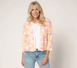 Susan Graver Printed Tiered Ruffle Knit 3/4-Sleeve Shrug