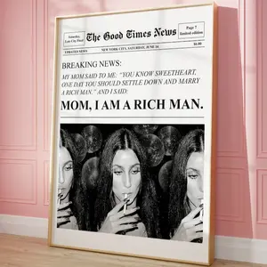 Trendy Newspapers Print Mom I am a rich man Cher Quote Poster Retro Bar Cart Feminist Wall Art Magazine Cover Aesthetic New York News