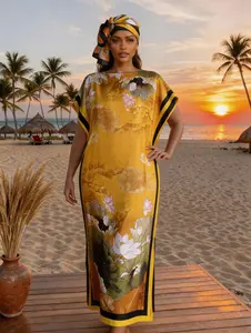Floral Print Dress with Scarf, Women's Fashion Print Long Robe Set, Matching Moomoo Dress + Scarf Headband, Casual Woven Fabric, Thin All-Season Wear, Beach Sun Protection