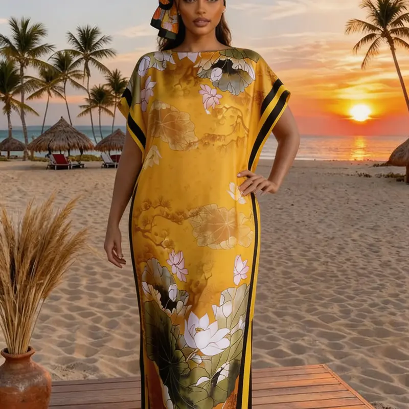 Floral Print Dress with Scarf, Women's Fashion Print Long Robe Set, Matching Moomoo Dress + Scarf Headband, Casual Woven Fabric, Thin All-Season Wear, Beach Sun Protection