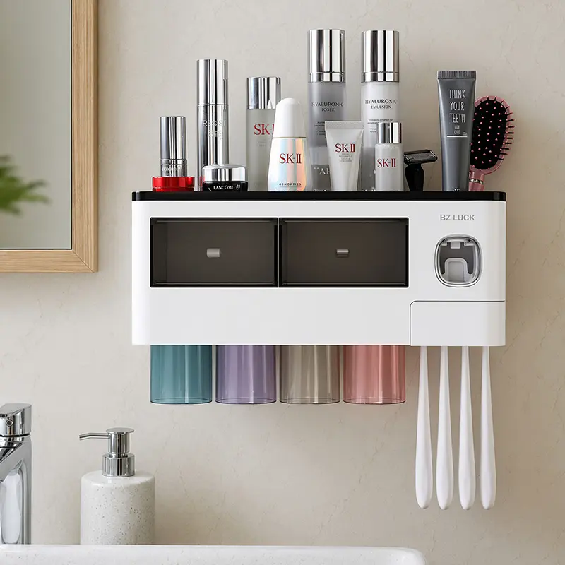 Wall Mounted Automatic Toothbrush Holder for Bathrooms - 2-4 Cup Capacity, Dual Toothpaste Dispensers, Large Tray, Magnetic Cups, Plastic Multi-Compartment Self-Draining Bathroom Decor Accessory, Automatic Toothbrush Holders