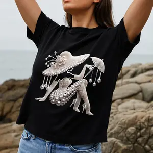 Pearl Beaded Fashion Women's T-Shirt Elegant Hat And Heels Design For Spring Summer Gift For Fashion Lovers