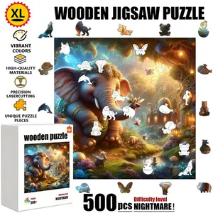 1 Box (500 pcs) Wooden Puzzle: The Gorgeous Elephant in the Fantasy Forest. The wooden puzzle is durable and not easily damaged, suitable for family entertainment, solo time, leisure on rainy days, and is a perfect home decoration that enhances happiness.
