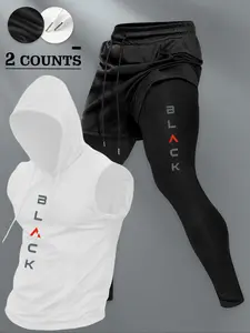 Men's Slim Fit Hooded Tank Top & Faux Two-Piece Pants 2-Piece Set , "BLACK" Graphic Screen Printed Apparel ,  Breathable Stretch Fabric,  Ideal for Gym Training, Jogging & Casual Wear, Durable Print for Active Individuals & Sporty Style Seekers