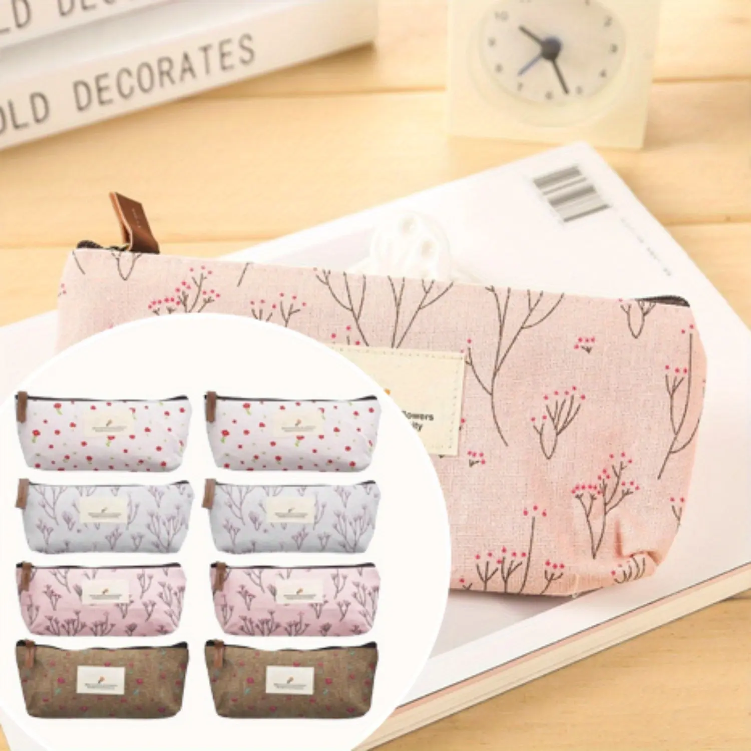 8PCS Flower Small Cosmetic Makeup Bag in Bulk for Purse Cute Pencil Pouch Floral Canvas Pencil Bags with Zipper Christmas Holiday Present for School Office Students Teen Girls Women Adults