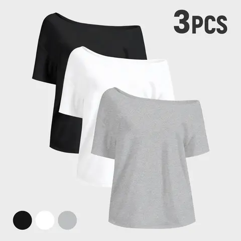 Women's Oversized Off-Shoulder Boat Neck T-Shirt - Cute Casual Solid Color Loose Lightweight Summer Tee for Back to School Outfits
